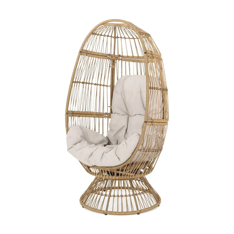 Oaks Aura Abstract Mesh Design Wicker Chair, Handcrafted Woven Rattan Swivel Egg Shape Chair, Basket Shape Chair With Cushion