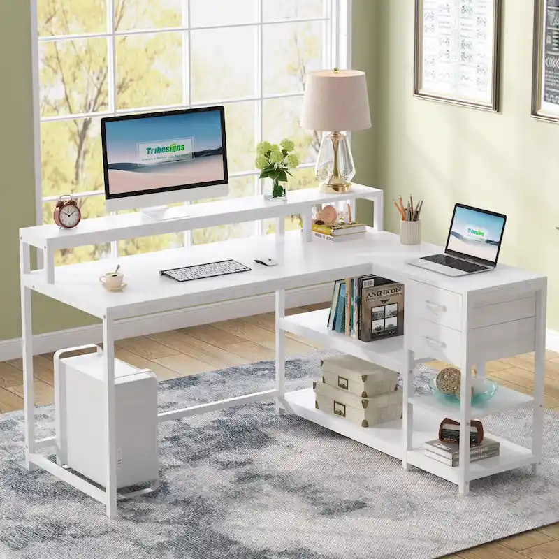 Modern L Shaped Computer Desk with Drawer and storage shelf