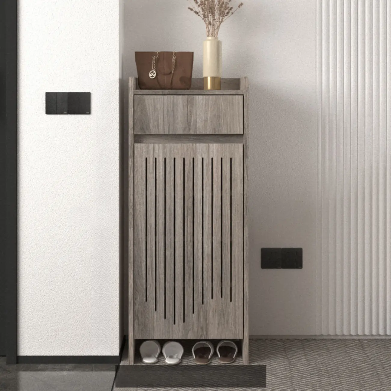 Modern Slim Wood Beige Entryway Shoe Cabinet
