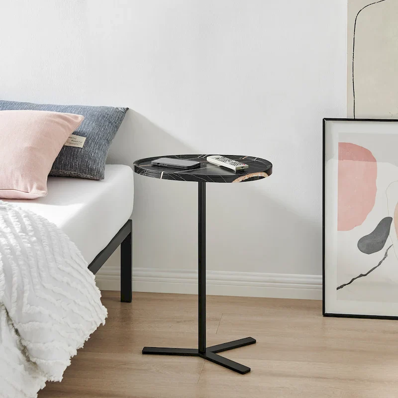 Oval Teardrop Modern Raised Lip Edge Couch-Side Accent C-Table with Crossed Y-Shape Metal Pedestal Leg