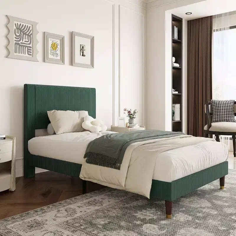 Modern Corduroy Upholstered Platform Bed Frame with Headboard  Sturdy Metal & Wooden Slats, Noise-Free, Low Profile