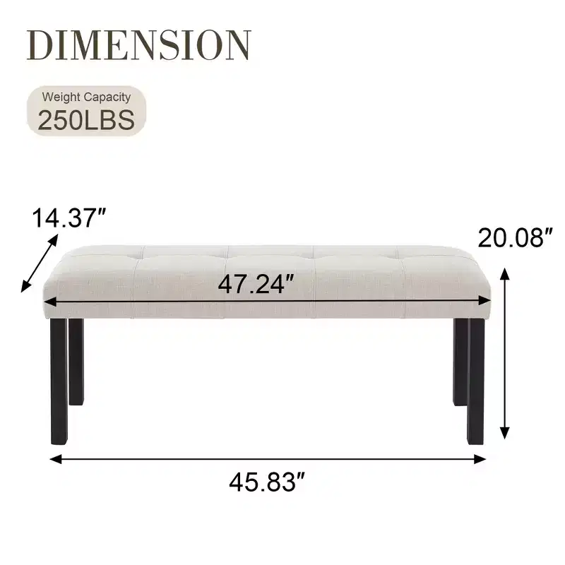 Modern Tufted Linen Dining Bench with Rubber Wood Legs