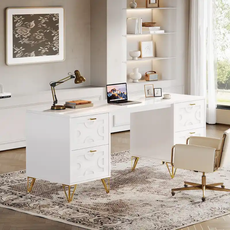 White Computer Desk with File Drawers, 59 Modern Home Office Desk