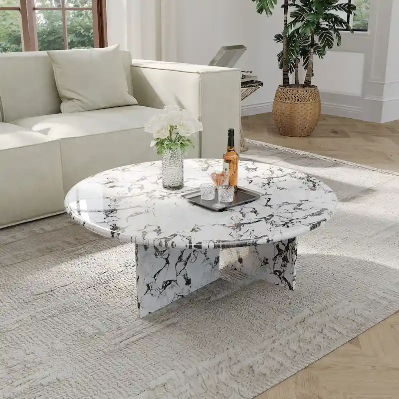 35.43Modern Round Coffee Table,Glossy Faux Marble Table top