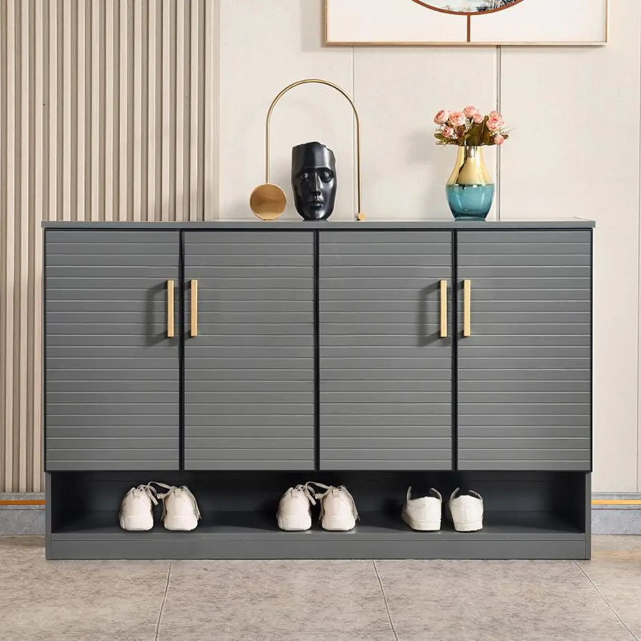 Metal Grey Shoe Cabinet with Open Bottom Shelf