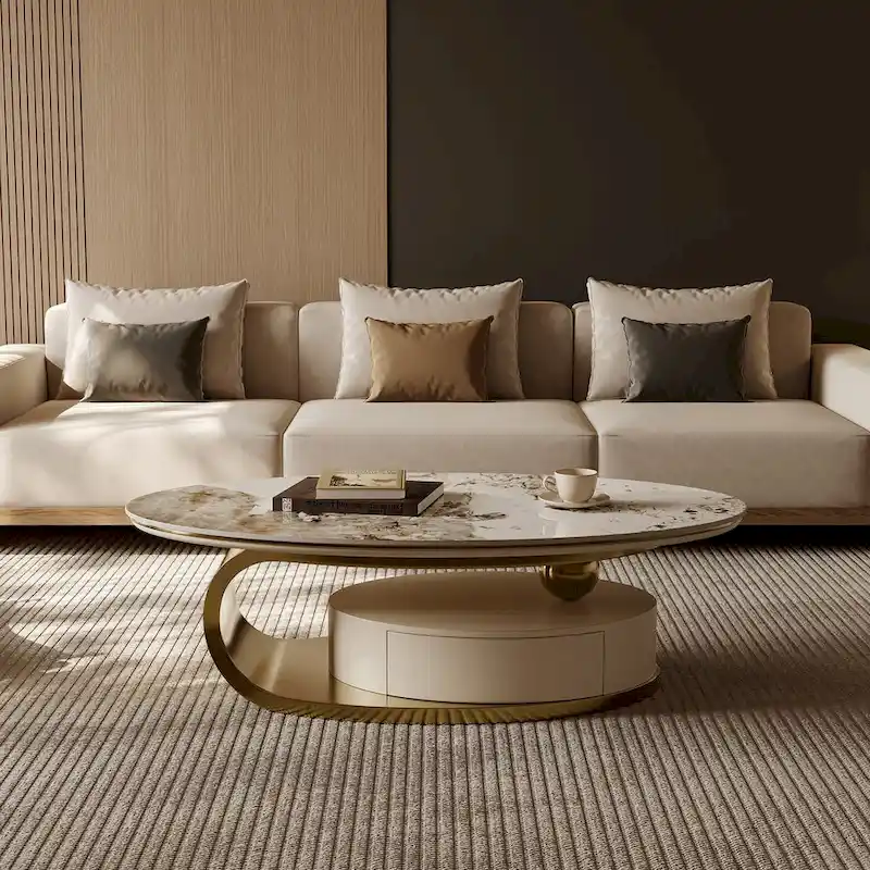 51 Modern Oval Coffee Table, Sintered Stone Top, Gold legs, Drawer - 51.2 X 27.5