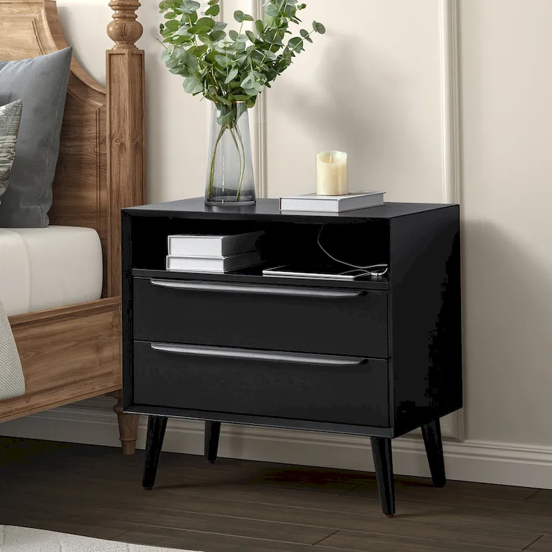 Mid-century Modern 2 - Drawer Nightstand with Built-In Outlets and USB