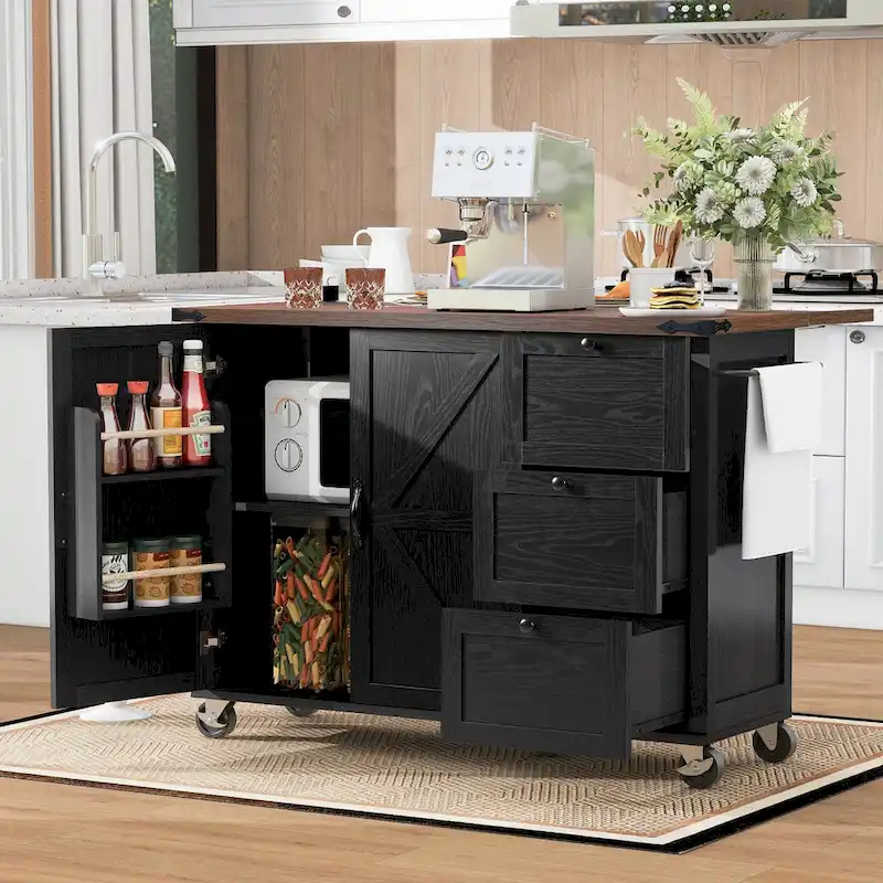 Farmhouse Kitchen Island with Power Outlet and Rolling Cart