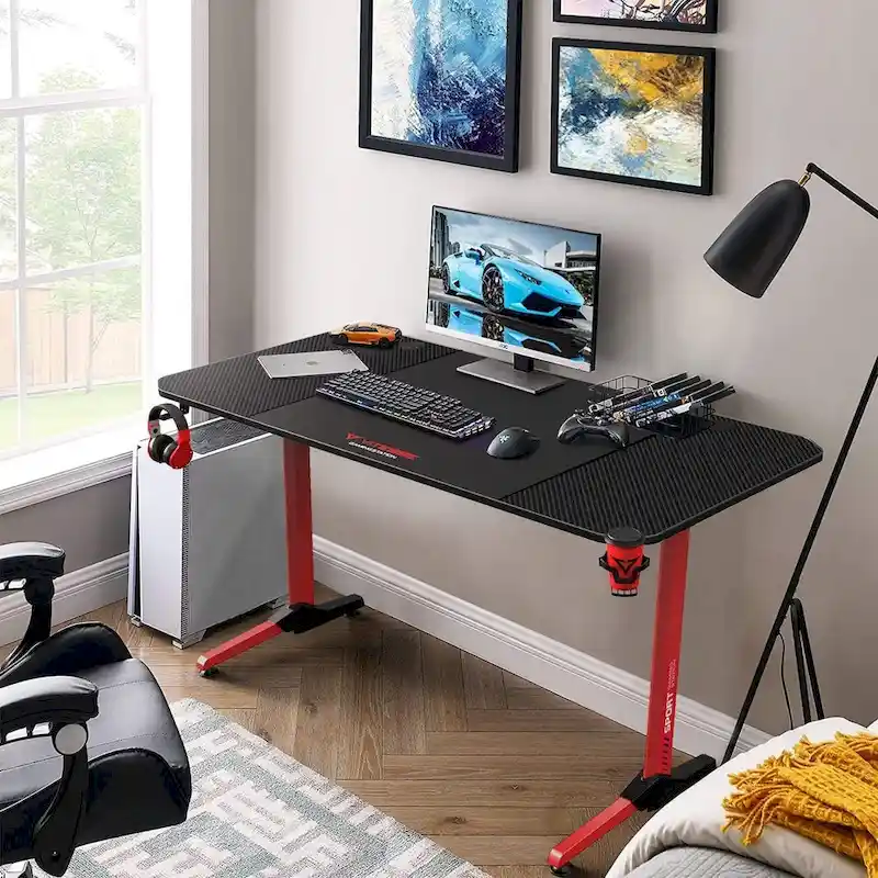 BOSSIN Ergonomic Gaming Desk T-Shaped Office PC Computer Desk with Full Desk Mouse Pad, Handle Rack, Cup Holder Headphone Hook