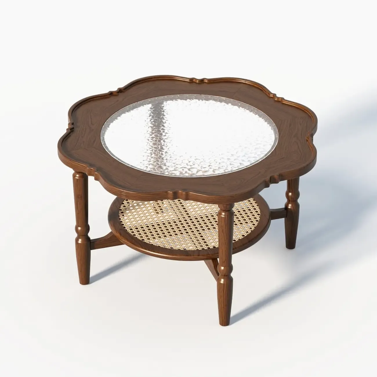 Classic 2-Layer Walnut Finish Wood Coffee Table in Glass Top