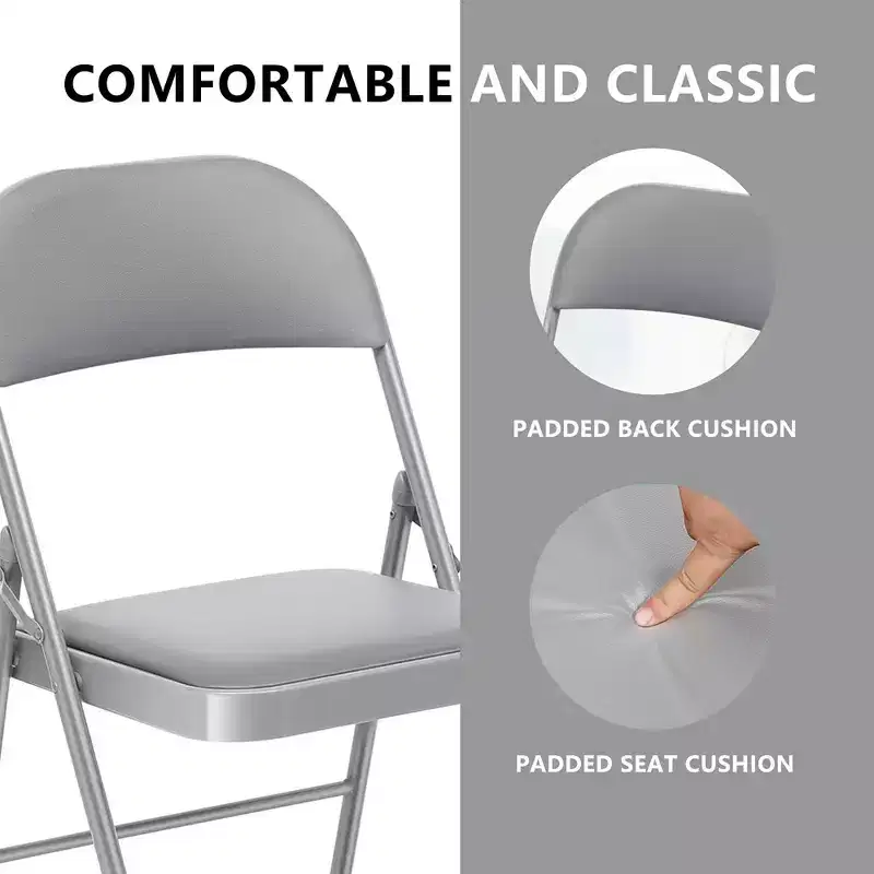 SUGIFT Folding Chairs with Padded Seats, Metal Frame with Vinyl Seat & Back, Capacity 350lbs, Gray, Set of 4