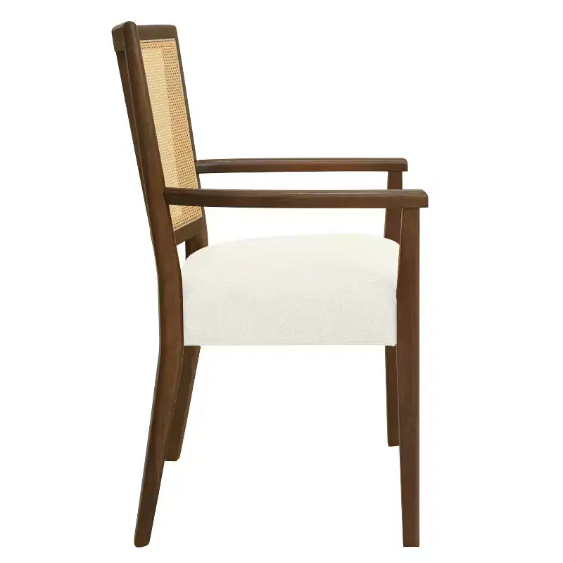 Beige/Dark Brown Upholstered Dining Arm Chairs with Rattan Back, Set of 2
