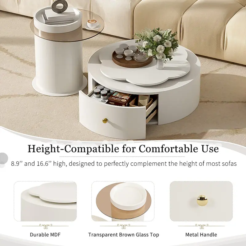 Modern Round Coffee Table Set of 2, 360-Degree Rotatable Flower-shaped Top with 2 Drawers, Top Circle Side Table with Glass