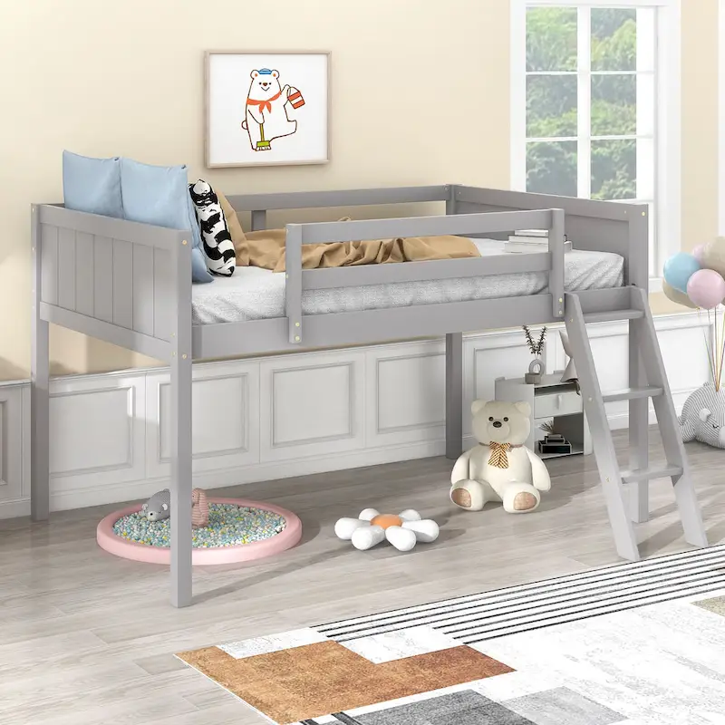 Gray Twin Size Solid Wood Low Loft Bed with Ladder and Fence Baffle, and Wood Slats Support for Bedroom
