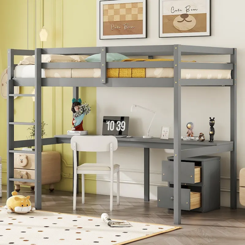 Twin Size Wood Loft Wood Bed with Under-bed, Built-in Desk, a Storage Cabinet of 2 Drawers, Guardrails and Ladder