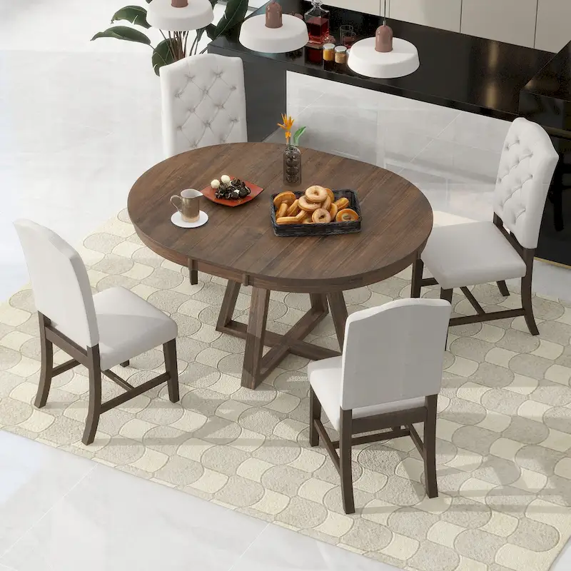 5 Piece Extendable Round Dining Table Set, Wooden Kitchen Furniture Set with Removable Leaf and 4 Upholstered Chairs