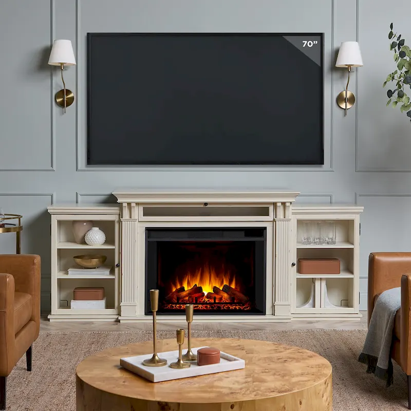 Tracey 84 TV Stand Electric Fireplace in Distressed White by Real Flame