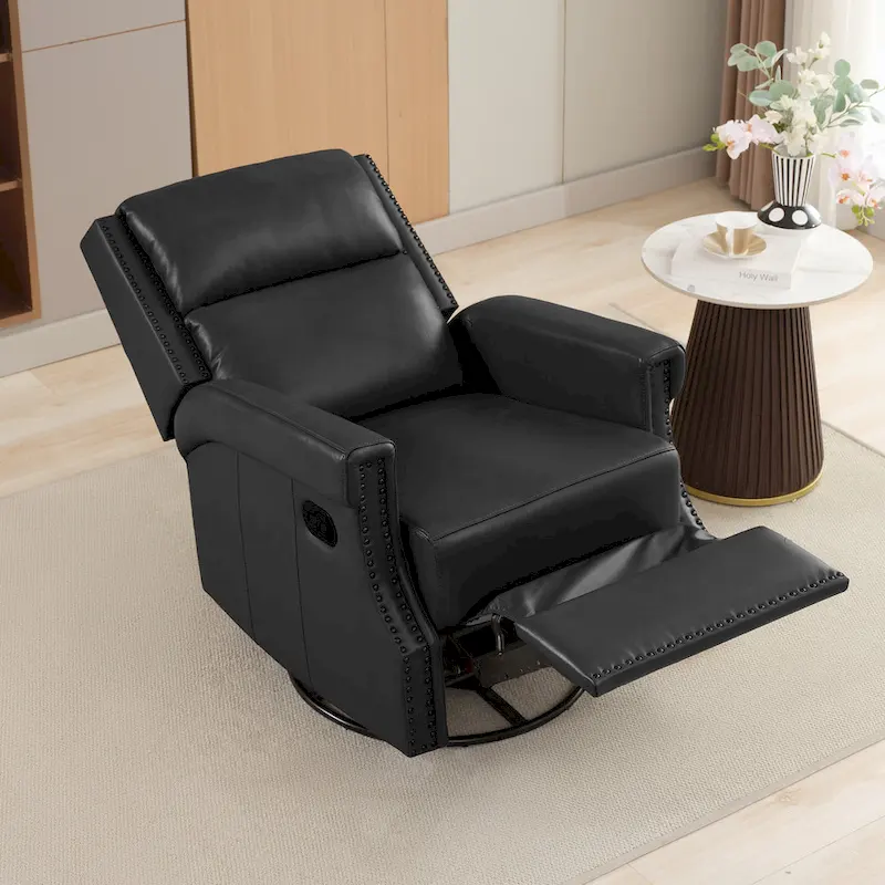 Genuine Leather Manual Rocking Recliner with 360-degree Metal Swivel Base