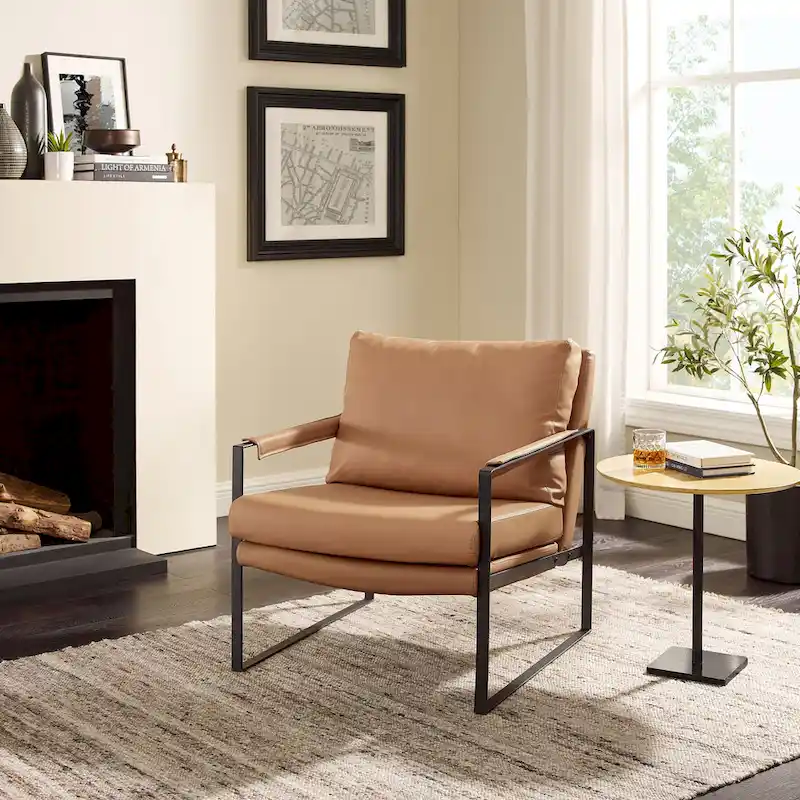 Mid-Century Leather Accent Chair, Brown/Khaki, Metal Frame, Seats 1