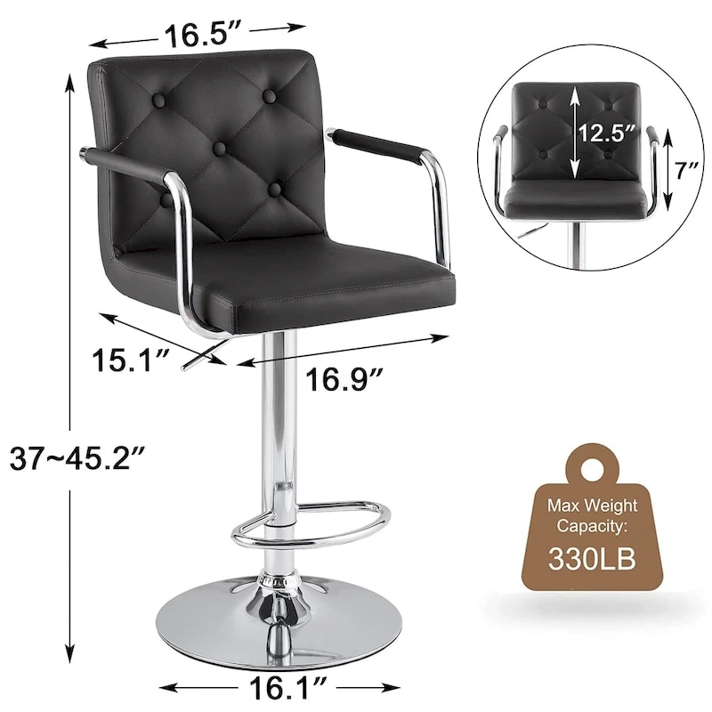 Javlergo Set of 2 Bar Stools Adjustable Swivel PU Leather Barstools with Arm and Back