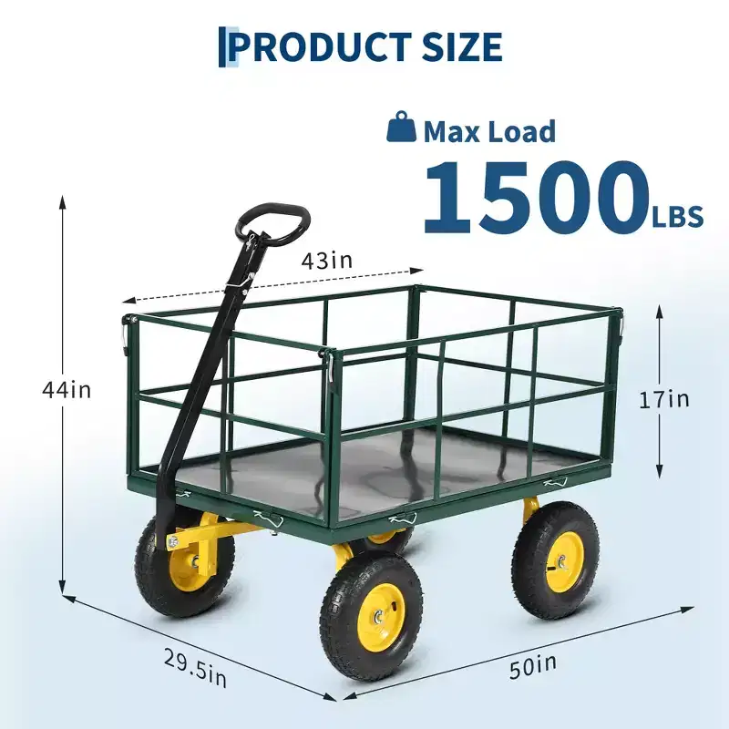 1400 Lbs Steel Garden Cart Heavy Duty 2-in-1 Yard Wagon with Removable Mesh Sides 13 All Terrain Tires & 180 Handle