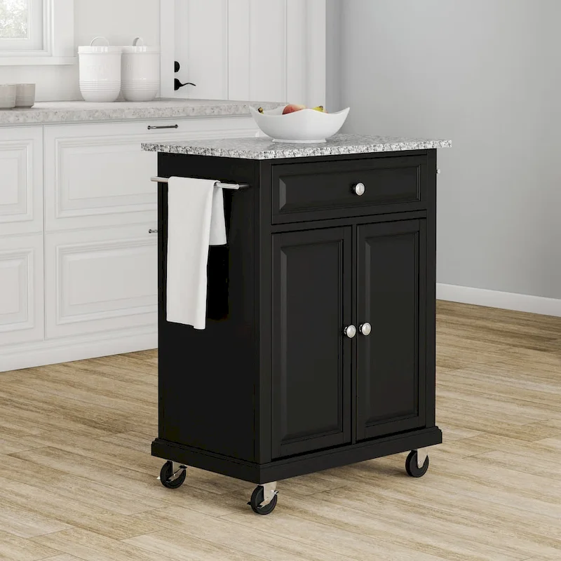Compact Gray Granite Top Cart/ Island in Black Finish - 18d x 31w x 35.5h