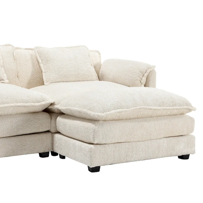 Beige 112.2 L-Shape 4-Seater Sectional Sofa in Modern Boucle Fabric with Removable Cushions and Detachable Armrests
