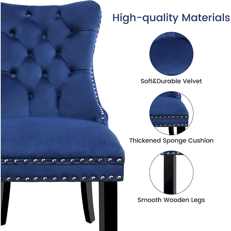 Velvet Dining Chairs Set of 2, Upholstered High-end Tufted Dining Room Chair with Nailhead Back Ring Pull Trim Solid Wood Legs
