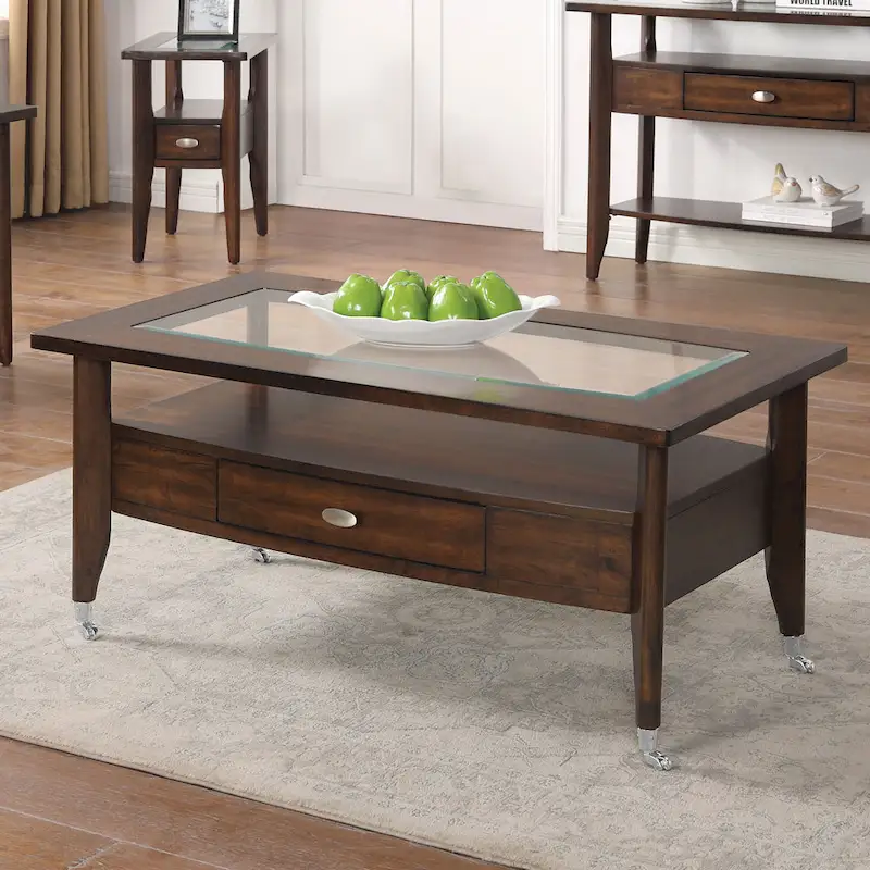 Genoas Traditional Walnut Glass 2-Piece Coffee Table Set with Drawer by Furniture of America