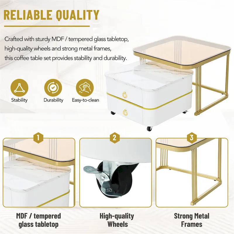 Harper&Bright Designs 2-in-1 Square Nesting Coffee Table with Wheels