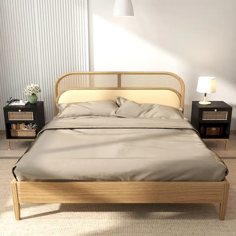 Set of 2 Farmhouse Coastal Rattan Nightstand for Bedroom, Black/ White End Table