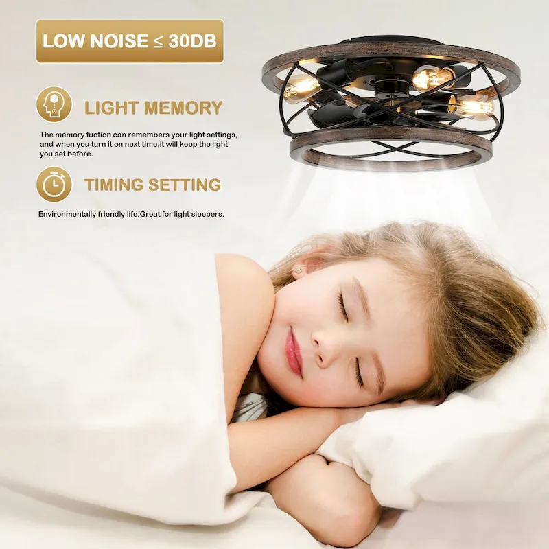 CurveCurio 18  Drum Farmhouse Wood Ceiling Fan, Wood Fan Light with Metal Accents, 4 Light 3 Fan Speed w Remote Control