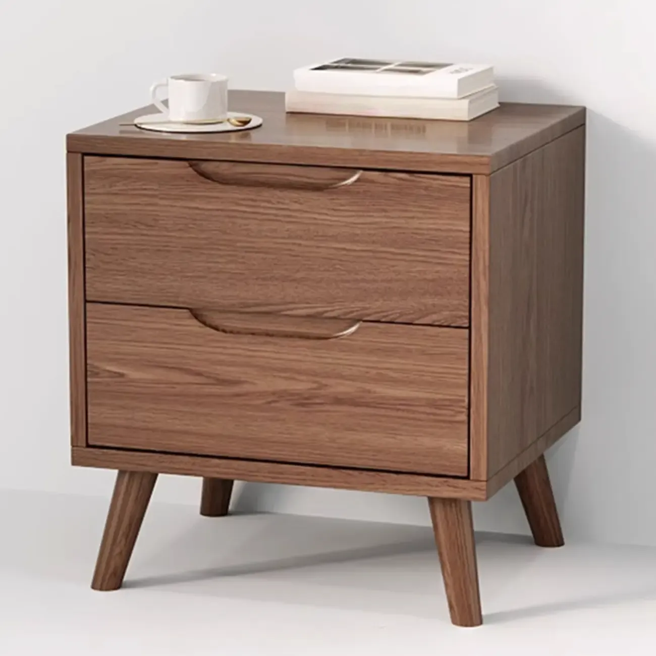 Traditional Wooden Nut-Brown Bedside Double Drawer Nightstand