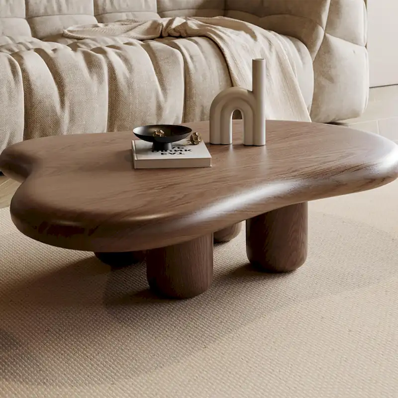 48.4inch Modern Walnut Cloud Shaped Coffee Table, Mid-Century Brown Solid Wood Coffee Table for Livingroom - 48