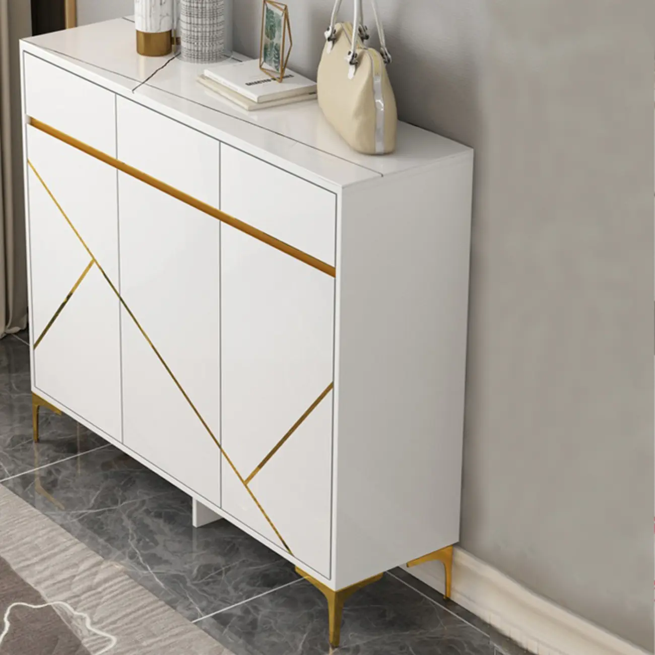 Trendy Gray Wood Shoe Cabinet with Drawers & Display Top