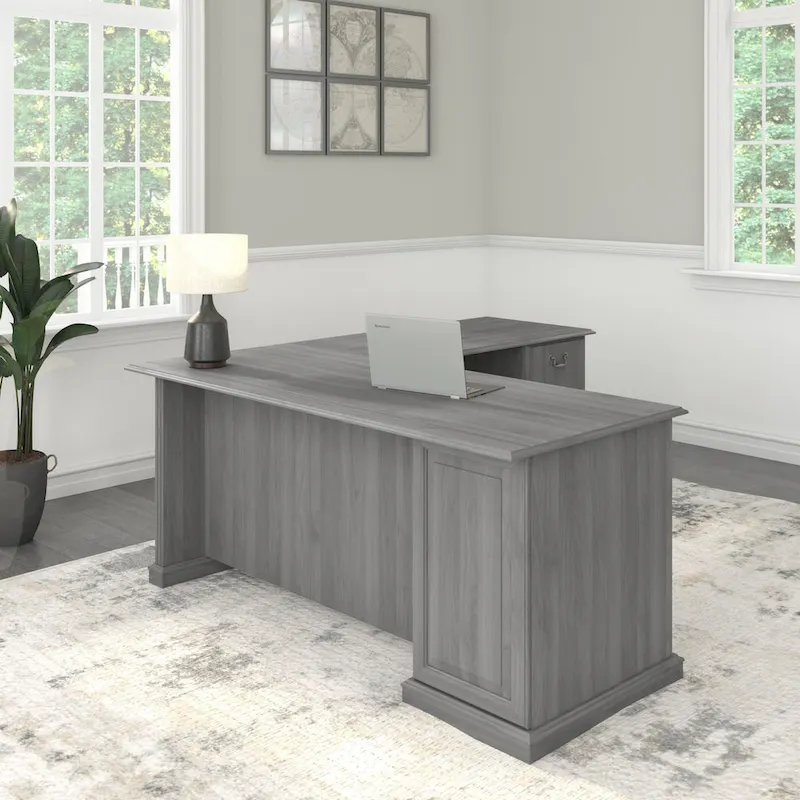 L-Shaped Computer Desk with Drawers, Cherry/Gray/White Oak, Traditional, Seats 1