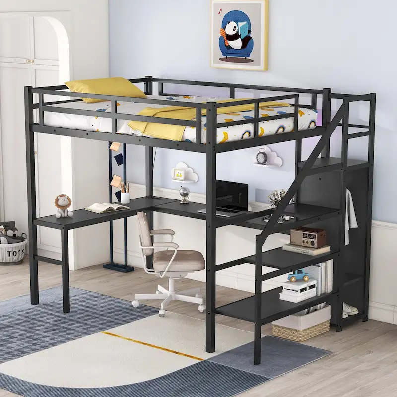 Black High Full Metal Loft Bed with LED & Desk