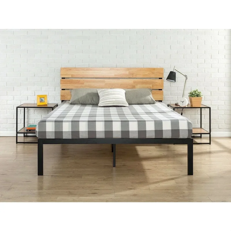 King Platform Bed Frame - Metal & Wood Headboard, Wood Slats, Low Profile, 80.5L x 76.8W