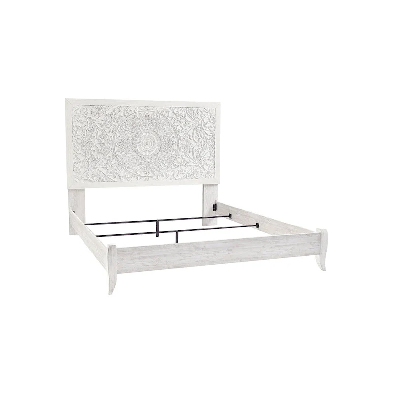 Boho-Chic Whitewash King Panel Bed with Carved Medallion Headboard