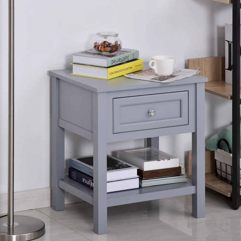 HOMCOM Accent End Table Nightstand with Grey Tabletop, Storage Drawer, and Bottom Shelf