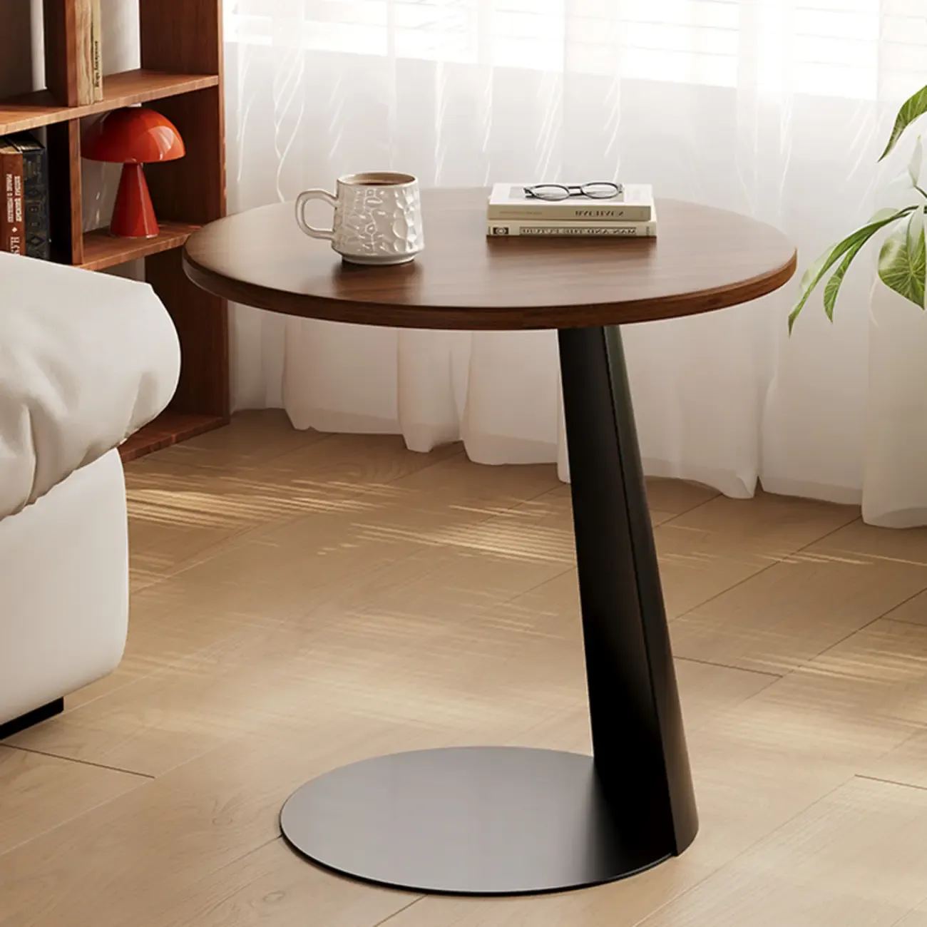 Modern Brown Ash Wood Round Chairside C Shaped Table