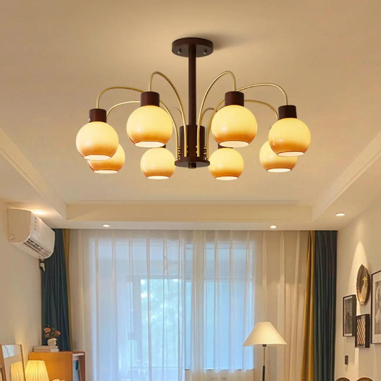 Classic Gold Metal Amber Glass Dome Chandelier