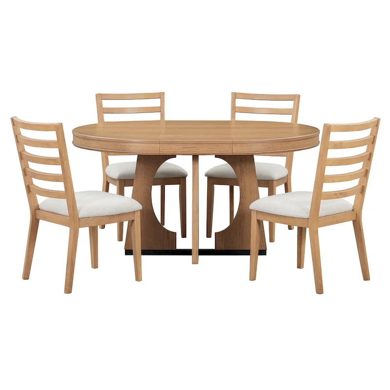 5-Piece Rustic Functional Dining Set, 1 Extendable Table with a 16-inch Leaf and 4 Upholstered Chairs