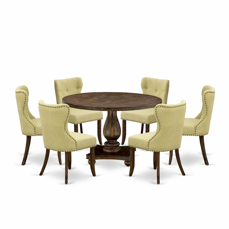 East West Furniture Dining Table Set- a Dining Table & Limelight Linen Fabric Chairs, Distressed Jacobean(Pieces Option)