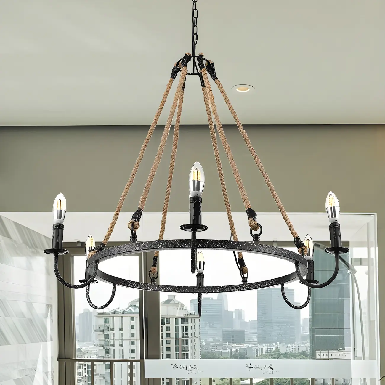 Hemp Rope Industrial Metal Round Candle Chandelier