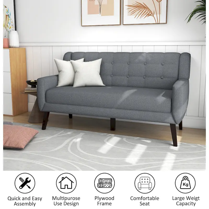 Tufted Linen/Cotton 2-Seater Sofa with Pillows