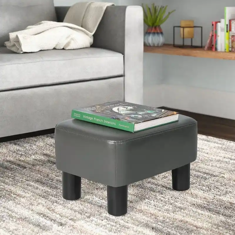 Rectangular PU Leather Footstool, Grey/Dark Grey/Brown, Wood Legs, Seats 1