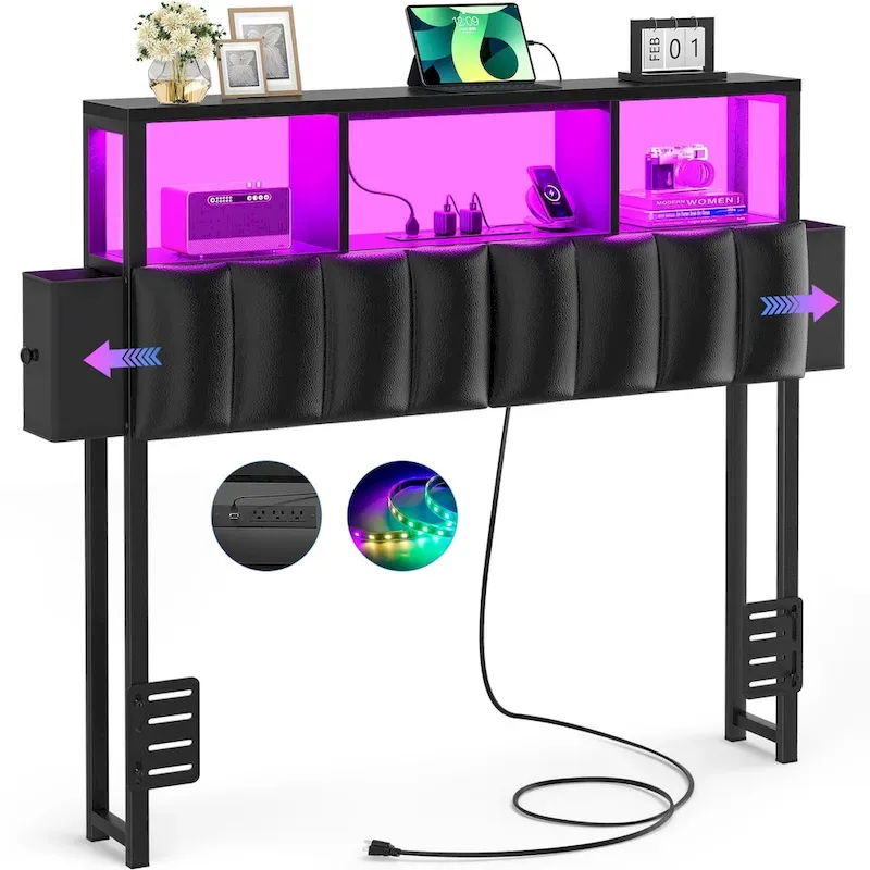 Upholstered Headboard with Hidden Drawer, Head Board with Power Outlet and LED Light