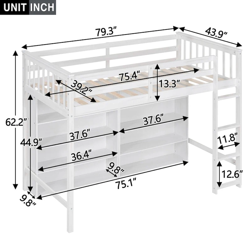 Loft Bed with 8 Storage Shelves and Built-in Ladder