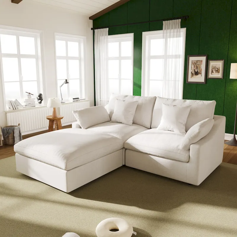 82.68 Down Filled Sectional Couch L-shape Linen Upholstered Loveseat with Ottoman